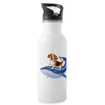 Funny comical cartoon of a Beagle riding a whale - Water bottle with straw - white - Right