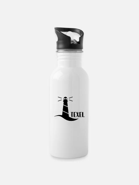 Leuchtturm Texel (schwarz) - Trinkflasche mit integriertem Trinkhalm - Weiß