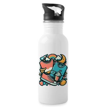 Colorful collage with clothes and everyday objects - Water bottle with straw - white - Right