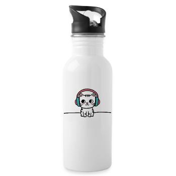 Cute Cat with Headphones Doodle - Water bottle with straw - white - Right