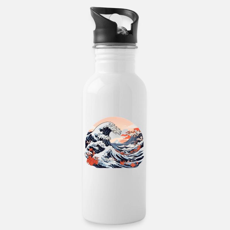 Große Welle von Kanagawa - Trinkflasche mit integriertem Trinkhalm - Weiß