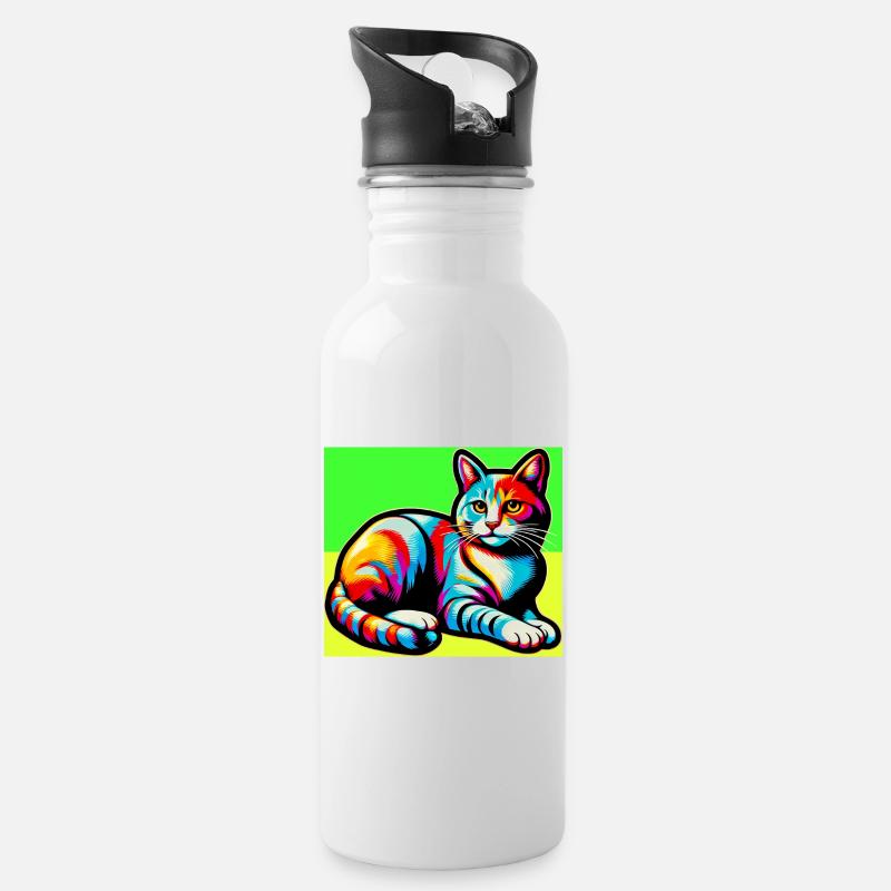 Katze - Trinkflasche mit integriertem Trinkhalm - Weiß
