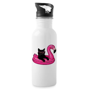 Fat Cat On A Flamingo Floatie - Water bottle with straw - white - Right