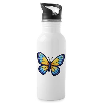 Blau Gelber Schmetterling - Trinkflasche mit integriertem Trinkhalm - Weiß - Rechts