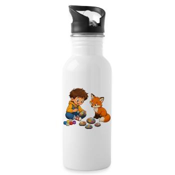 Junge bemalt bunte Steine mit neugierigem Fuchs - Trinkflasche mit integriertem Trinkhalm - Weiß - Rechts