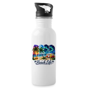 Beach Life: Sunset & Camper - Water bottle with straw - white - Right