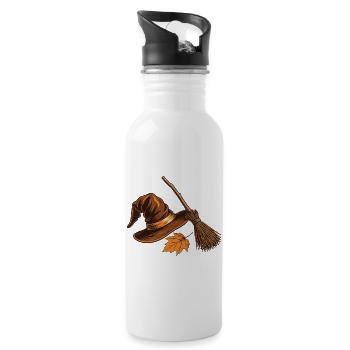 Hexenhut und Herbstbesen - Trinkflasche mit integriertem Trinkhalm - Weiß - Rechts