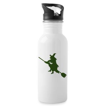 Hexe auf Besen Silhouette - Trinkflasche mit integriertem Trinkhalm - Weiß - Rechts