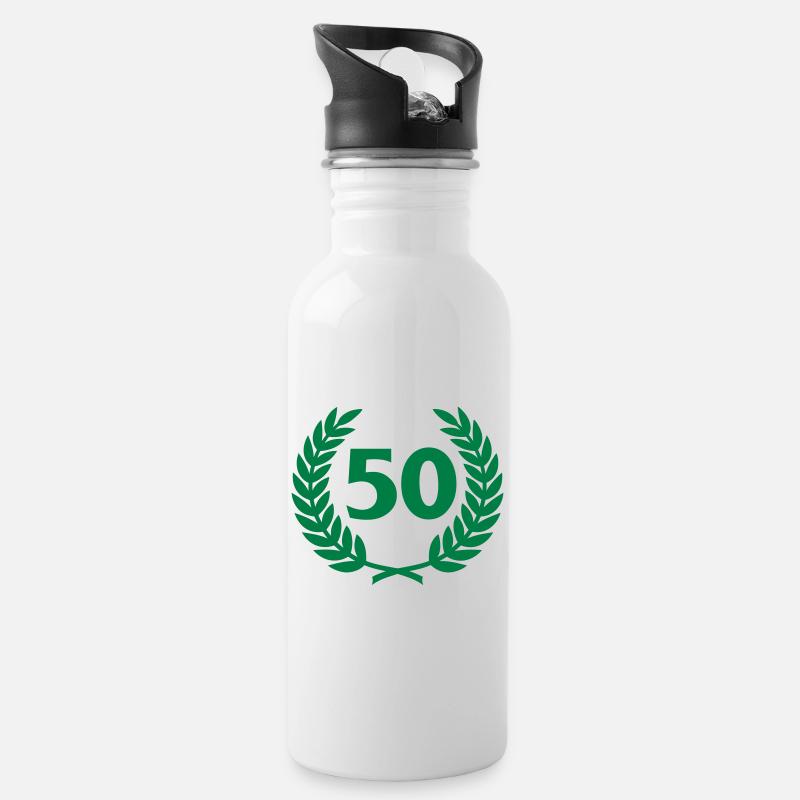 Lorbeerkranz & Zahl (50) - Trinkflasche mit integriertem Trinkhalm - Weiß