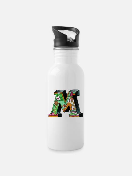 M Farbexplosion Doodle-Kunst - Trinkflasche mit integriertem Trinkhalm - Weiß