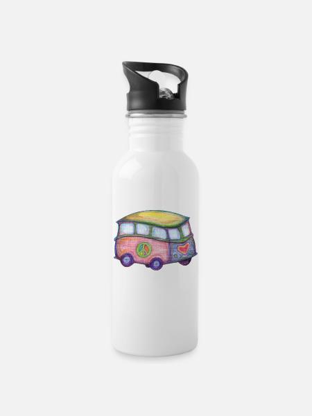 Bus Love Peace Hippie - Trinkflasche mit integriertem Trinkhalm - Weiß
