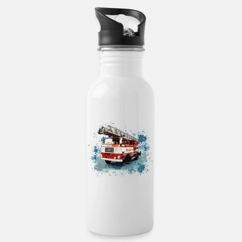 IFA W50 Feuerwehr mit Drehleiter - Trinkflasche mit integriertem Trinkhalm - Weiß