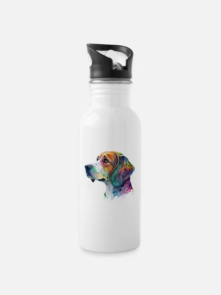 Beagle Hundemotiv - Trinkflasche mit integriertem Trinkhalm - Weiß