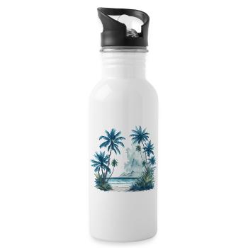 Aquarellmalerei eines Strandes mit Palmen - Trinkflasche mit integriertem Trinkhalm - Weiß - Rechts