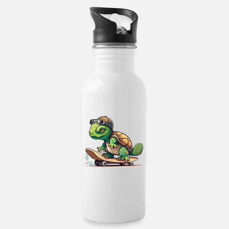 Skateboard-Schildkröte - Trinkflasche mit integriertem Trinkhalm - Weiß