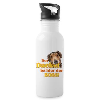 Der Dackel ist hier der Chef! - Trinkflasche mit integriertem Trinkhalm - Weiß - Rechts