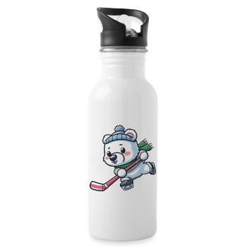 Eisbär im Eishockey - Cool und Sportlich - Trinkflasche mit integriertem Trinkhalm - Weiß - Rechts