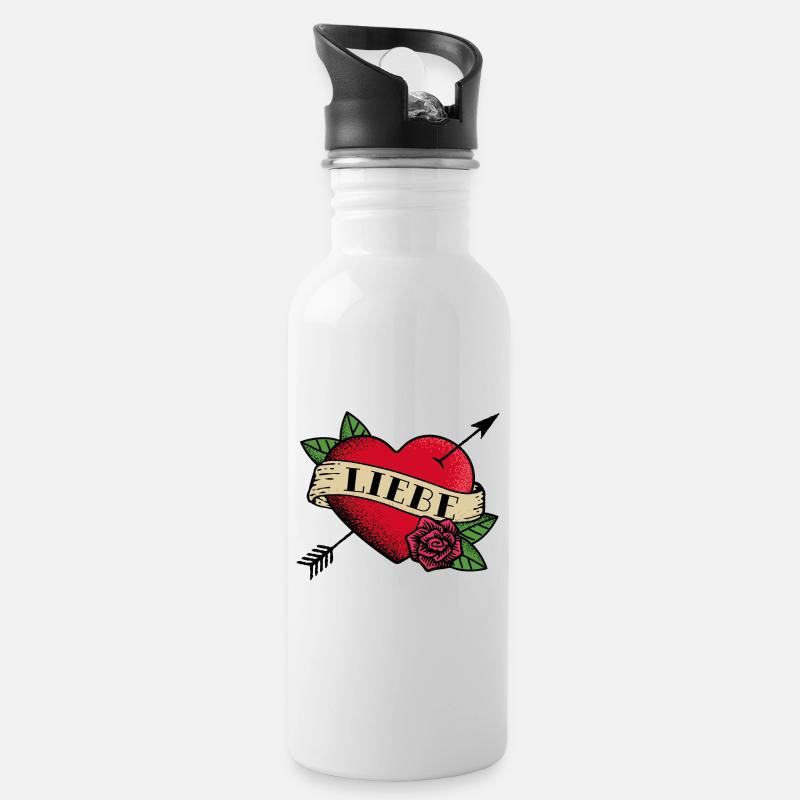 Herz Tattoo Liebe - Trinkflasche mit integriertem Trinkhalm - Weiß