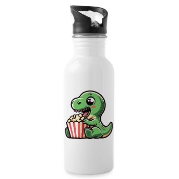 Dino mit Popcorn, Karneval im Kino - Trinkflasche mit integriertem Trinkhalm - Weiß - Rechts
