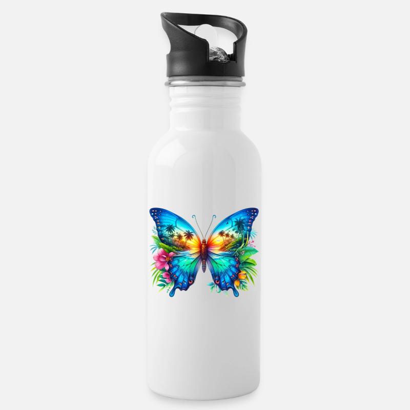 Schmetterling - Trinkflasche mit integriertem Trinkhalm - Weiß