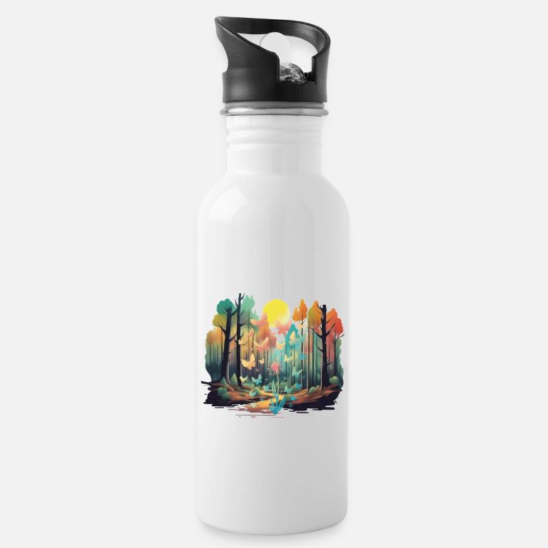 Wald Natur Bäume Baum Sonne Herbst - Trinkflasche mit integriertem Trinkhalm - Weiß