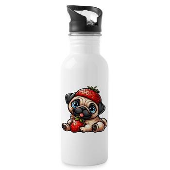 Skurril Hund Mops Erdbeere Fruchtig Comic Design - Trinkflasche mit integriertem Trinkhalm - Weiß - Rechts