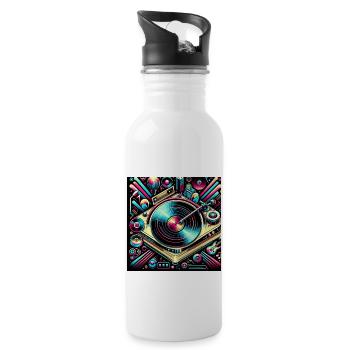 Neon Retro Turntable Art - Water bottle with straw - white - Right