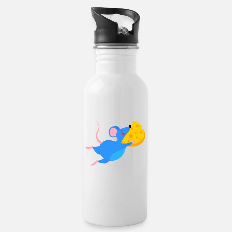 Fröhliche blaue Maus & gelber Käse - Trinkflasche mit integriertem Trinkhalm - Weiß