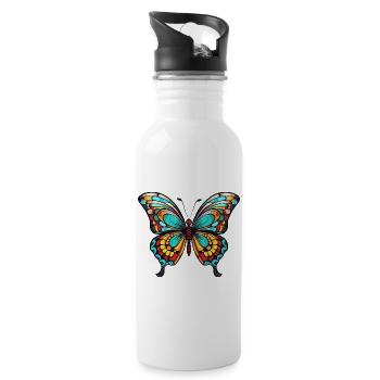 Bunter Schmetterling - Trinkflasche mit integriertem Trinkhalm - Weiß - Rechts