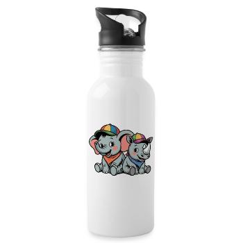 Cute Elephant and Rhinoceros – Cute Animal Friends - Water bottle with straw - white - Right