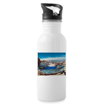 Blue boats in the harbor - Water bottle with straw - white - Right