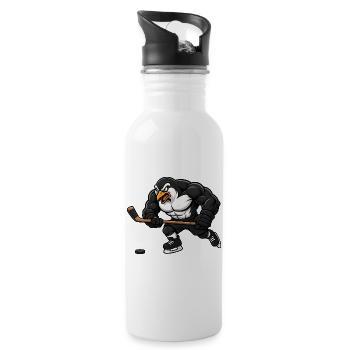 Pinguin Eishockey Spieler Comic Motiv - Trinkflasche mit integriertem Trinkhalm - Weiß - Rechts