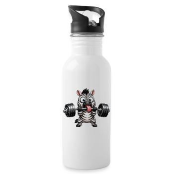 Zebra with Dumbbell Comic Bodybuilding Cartoon - Water bottle with straw - white - Right