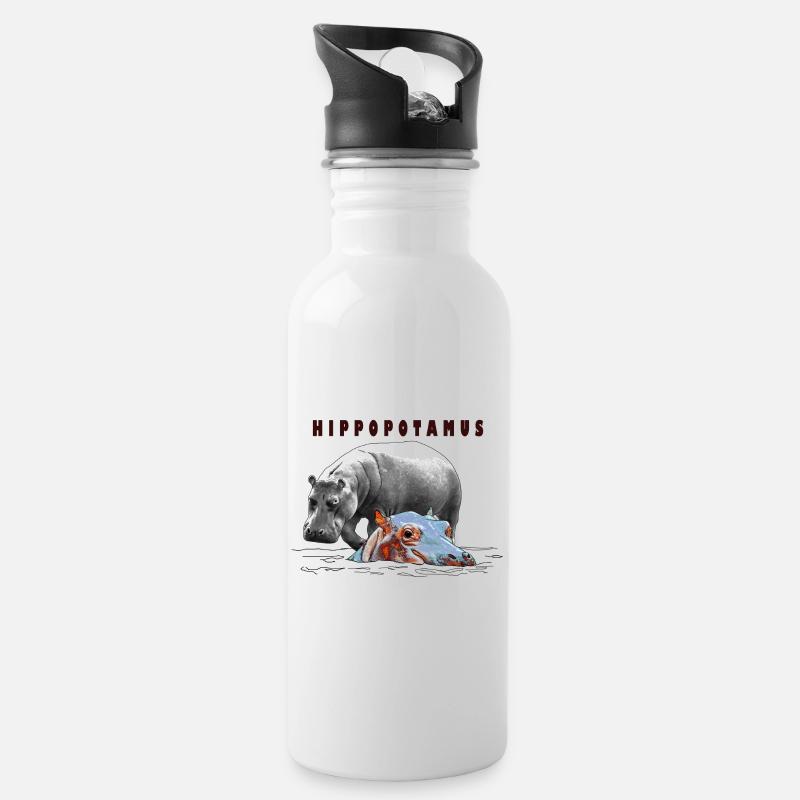 Hippopotamus, Flusspferd - Trinkflasche mit integriertem Trinkhalm - Weiß