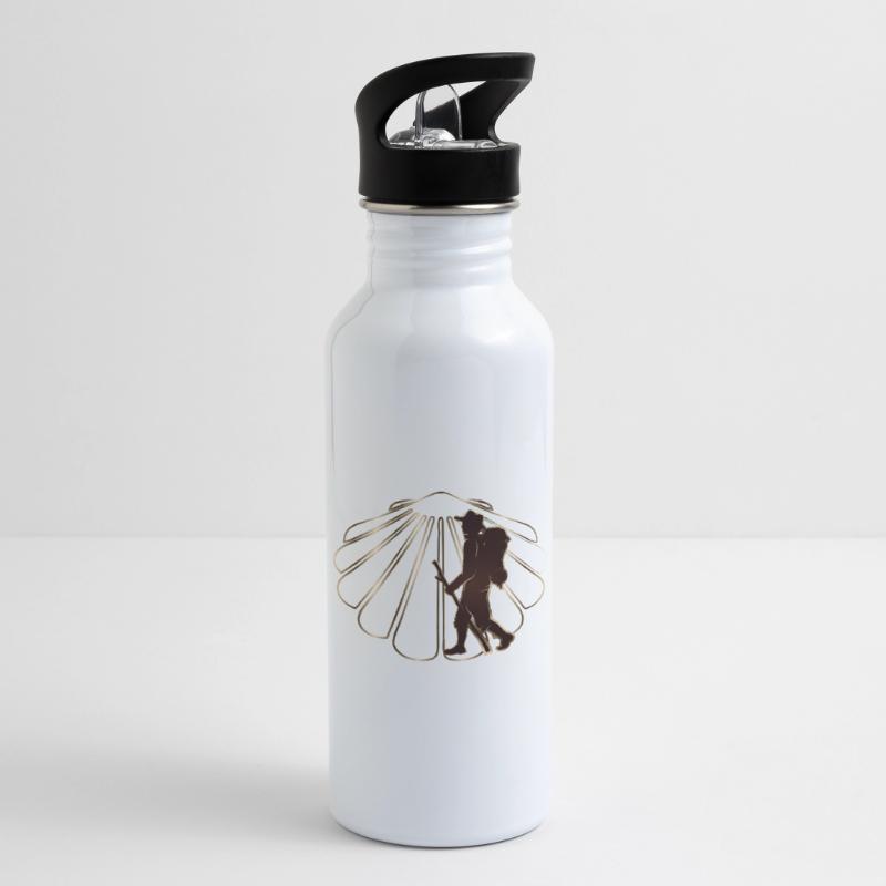 A pilgrim on a pilgrimage path with scallops Water bottle with straw