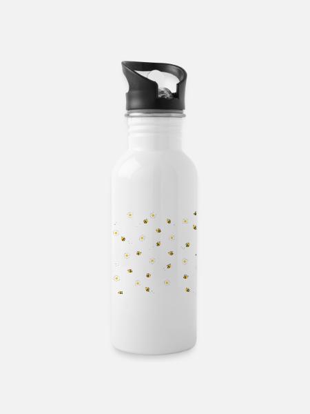 Bienen und Blumen - Trinkflasche mit integriertem Trinkhalm - Weiß