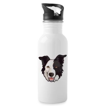 Border Collie Kopf Comic Cartoon Hund Rasse - Trinkflasche mit integriertem Trinkhalm - Weiß - Rechts