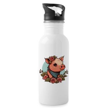 Schwein mit Bandana - Trinkflasche mit integriertem Trinkhalm - Weiß - Rechts