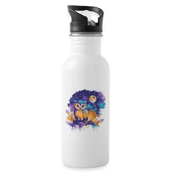 Bunte Eule unter einem Sternenhimmel - Trinkflasche mit integriertem Trinkhalm - Weiß - Rechts