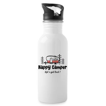 Happy Camper Camping Design Wohnwagen, Line Art - Trinkflasche mit integriertem Trinkhalm - Weiß - Rechts