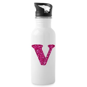 Buchstabe V Rosa Glitzer - Trinkflasche mit integriertem Trinkhalm - Weiß - Rechts