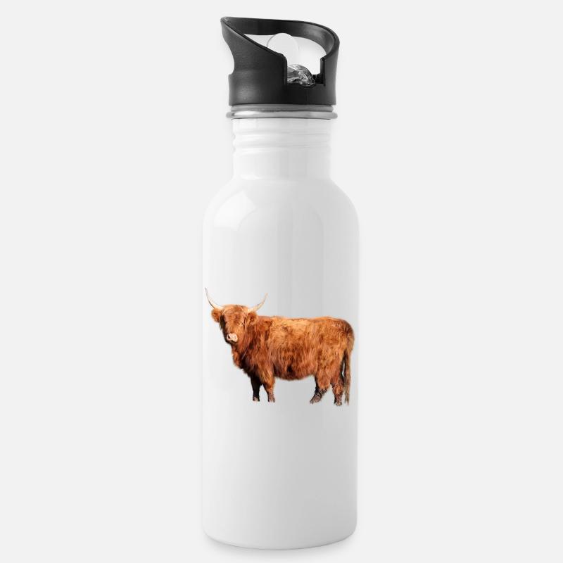 Schottisches Hochlandrind - Trinkflasche mit integriertem Trinkhalm - Weiß