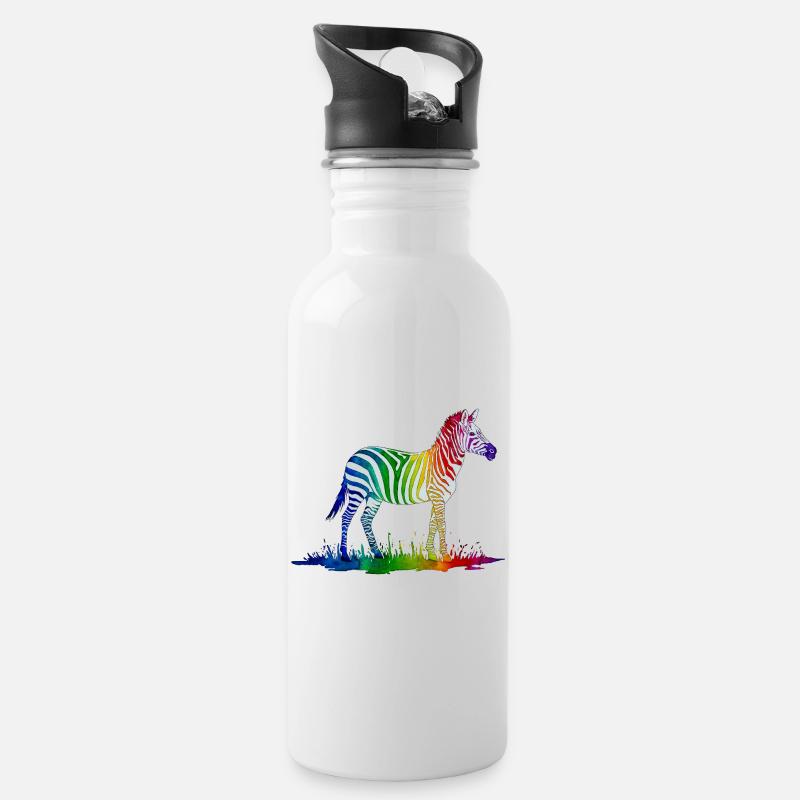 Regenbogen Zebra - Trinkflasche mit integriertem Trinkhalm - Weiß
