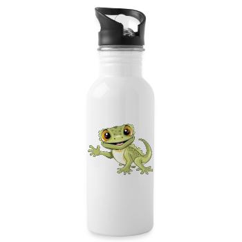Lustiger lächelnder, einladender Gecko - Trinkflasche mit integriertem Trinkhalm - Weiß - Rechts