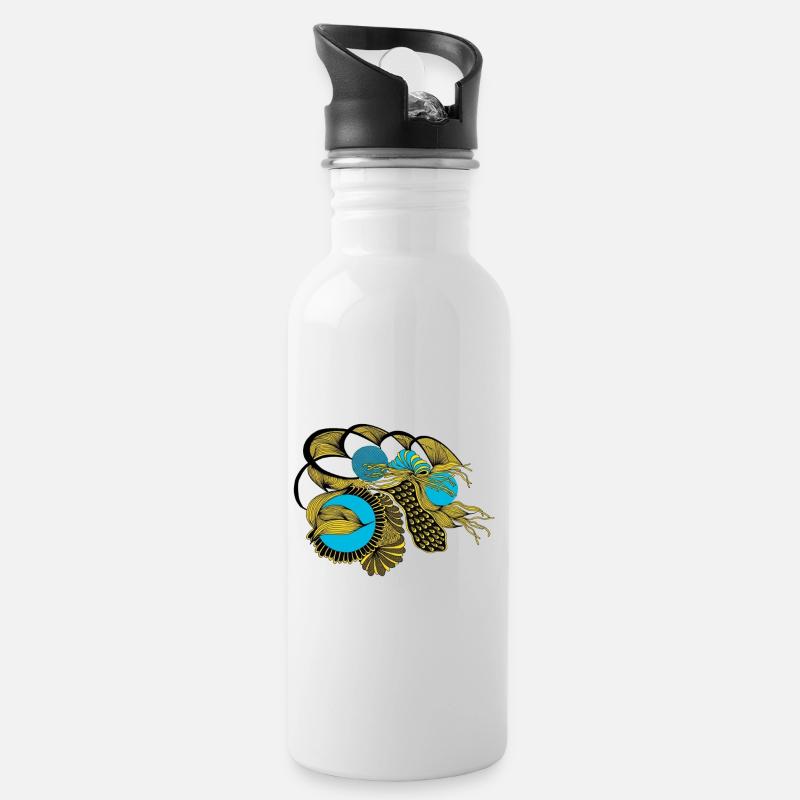 Golden Koi with Blue Circles - Water bottle with straw - white