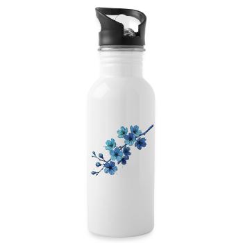Geometric Blue Flower Branches - Water bottle with straw - white - Right