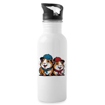 Cute Guinea Pig Friends – Funny Animal Motif - Water bottle with straw - white - Right