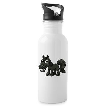 Verrücktes schwarzes Cartoon Pferd grinst - Trinkflasche mit integriertem Trinkhalm - Weiß - Rechts