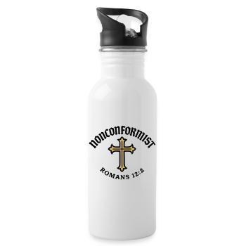 Christlich-nonkonformistische Römer 12,2 Goldenes Kreuz - Trinkflasche mit integriertem Trinkhalm - Weiß - Rechts