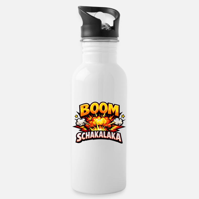 Boom Schakalaka Comic Spruch mit Explosion - Trinkflasche mit integriertem Trinkhalm - Weiß